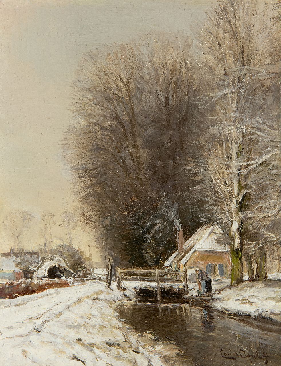 Apol L.F.H.  | Lodewijk Franciscus Hendrik 'Louis' Apol | Paintings offered for sale | Snowy path along theforest, oil on panel 27.2 x 21.5 cm, signed l.r.