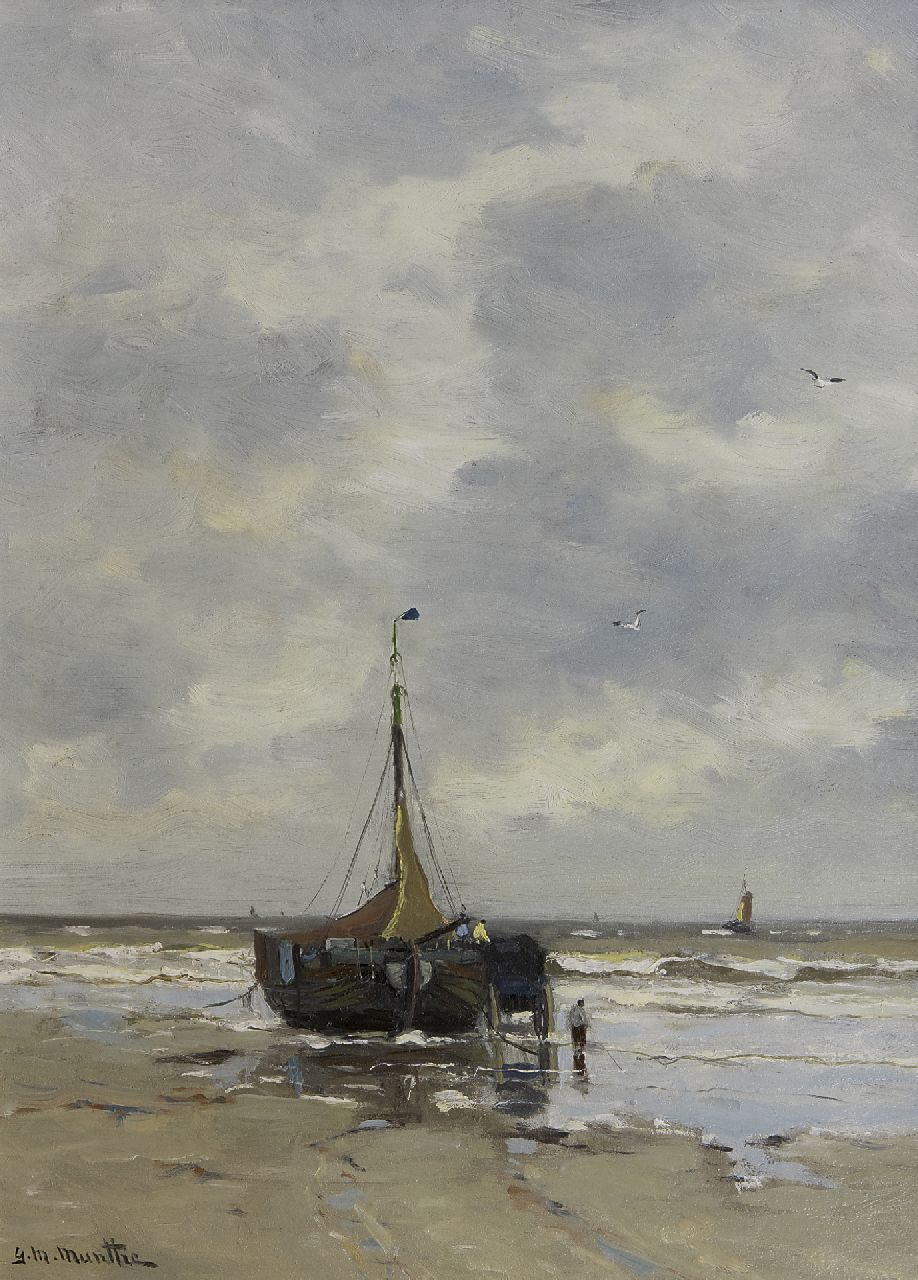 Munthe G.A.L.  | Gerhard Arij Ludwig 'Morgenstjerne' Munthe | Paintings offered for sale | Loading the fishing nets, oil on panel 39.2 x 29.6 cm, signed l.l.