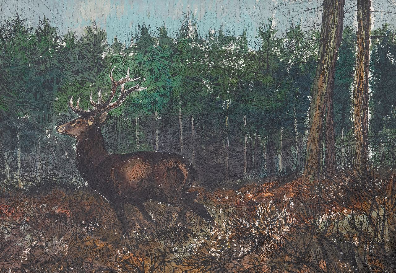 Poortvliet R.  | Rien Poortvliet, A deer in the forest, acrylic on paper 29.4 x 41.9 cm, signed l.r.