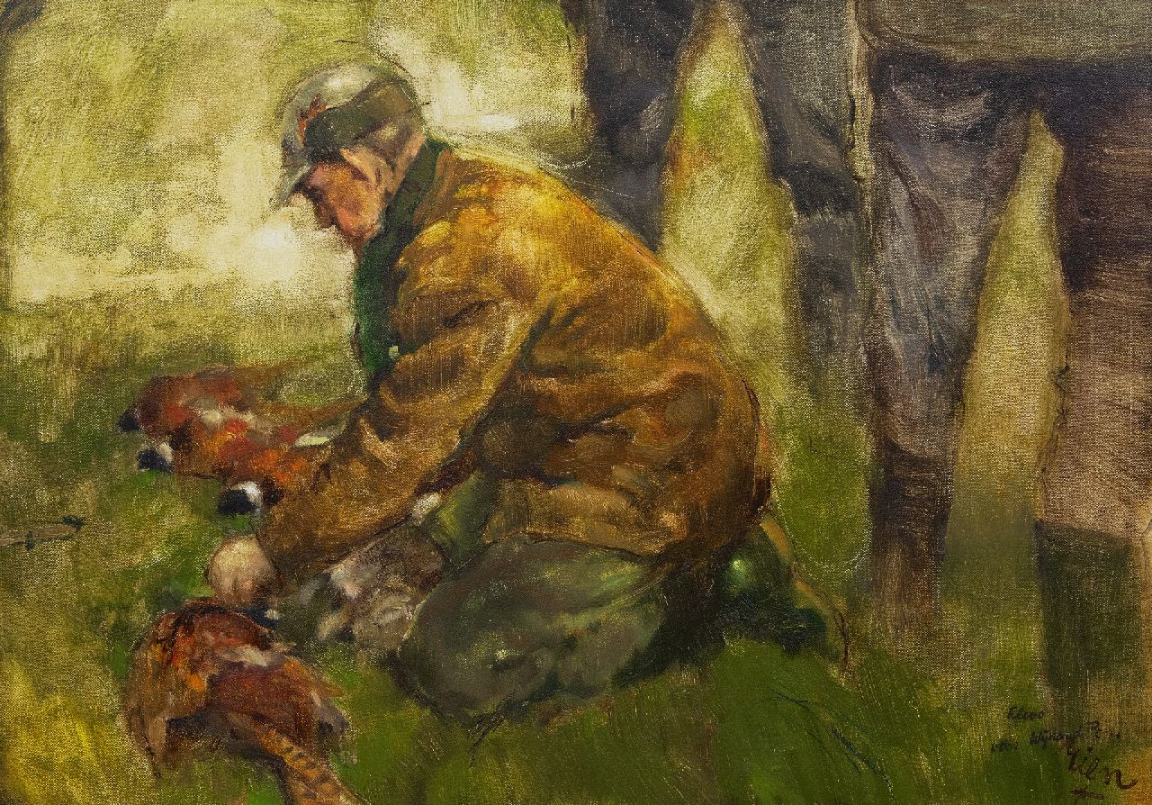 Poortvliet R.  | Rien Poortvliet, Hunter with pheasants, oil on canvas 50.0 x 70.2 cm, signed l.r.