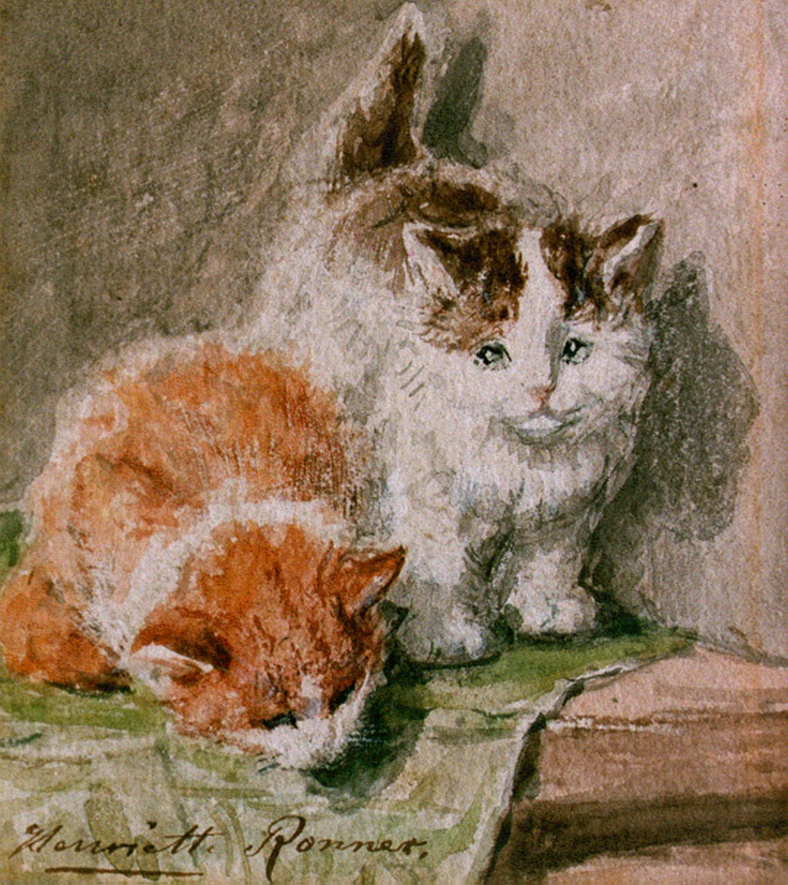 Ronner-Knip H.  | Henriette Ronner-Knip, Two kittens, watercolour on paper 11.5 x 9.5 cm, signed l.l.