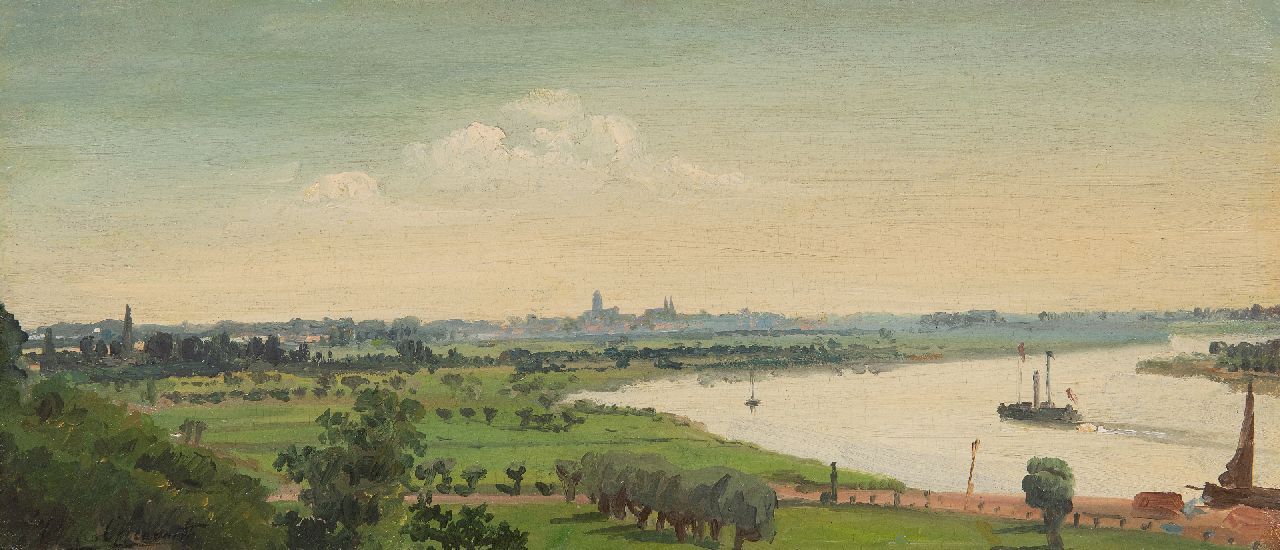 Oppenoorth W.J.  | 'Willem' Johannes Oppenoorth, River landscape in summer, Deventer in the distance, oil on canvas laid down on panel 21.2 x 46.1 cm, signed l.l.