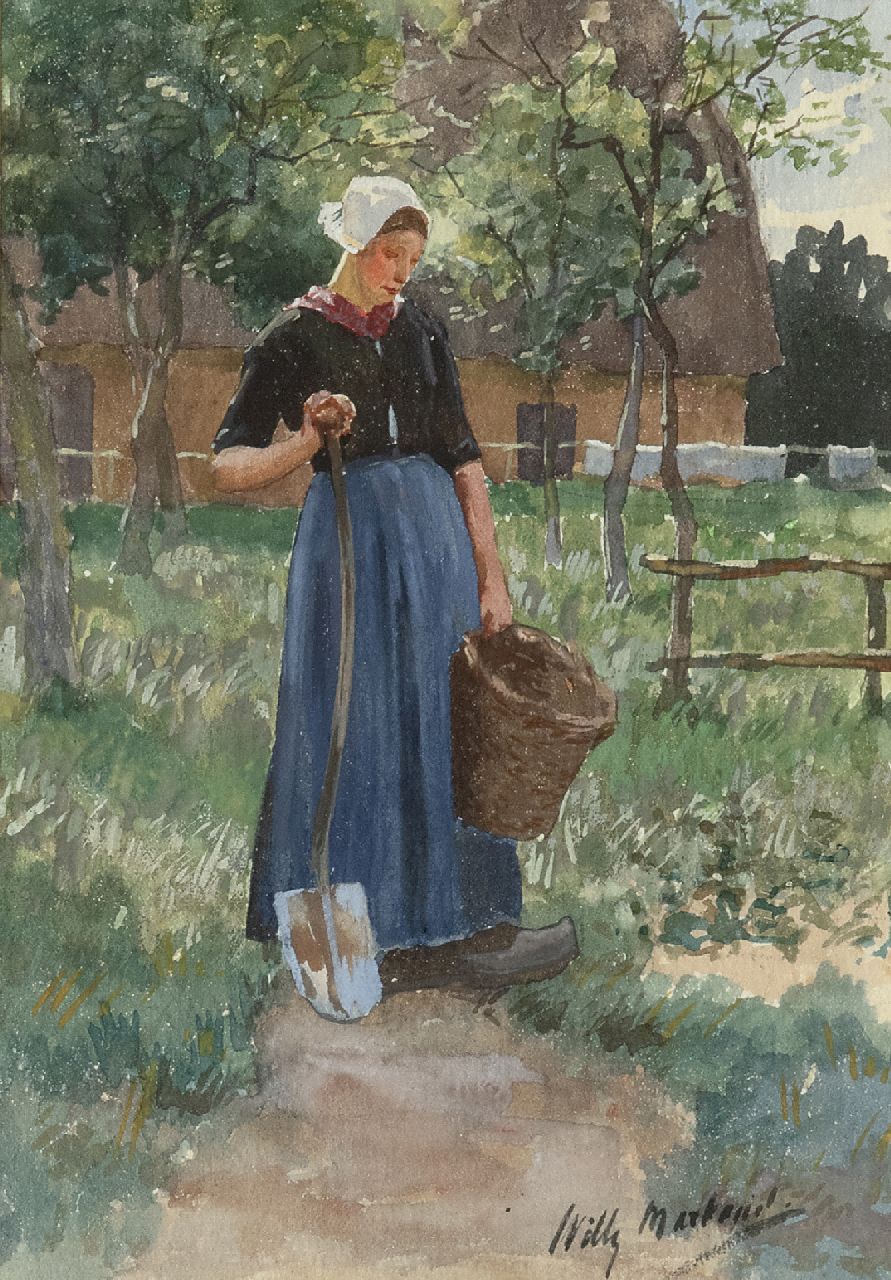 Martens W.  | Willem 'Willy' Martens | Watercolours and drawings offered for sale | Young peasant woman in a vegetable garden, watercolour on paper 18.5 x 13.5 cm, signed l.r.
