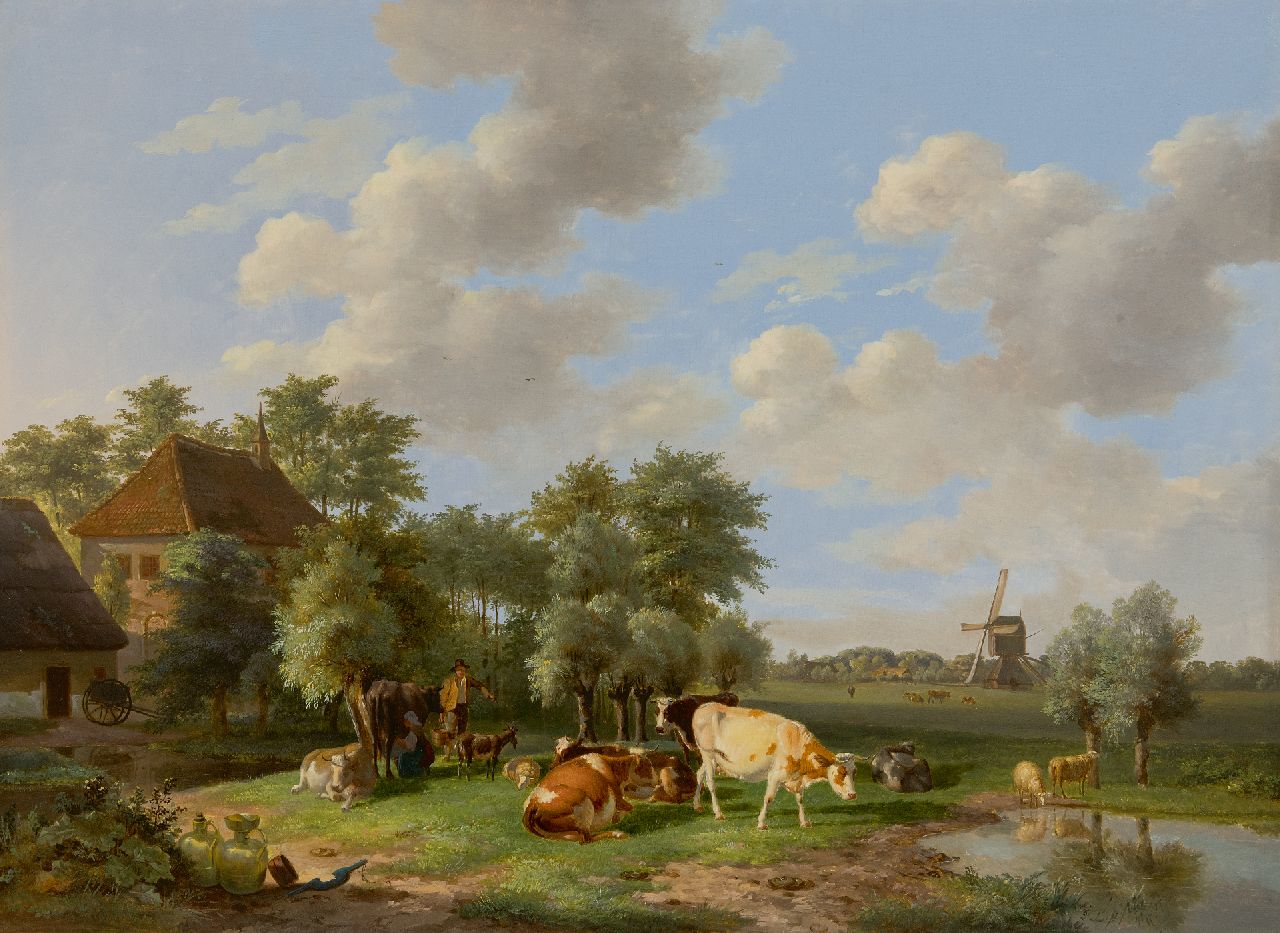 Lebret F.  | Frans Lebret | Paintings offered for sale | Milking time on the farm, oil on panel 52.3 x 70.8 cm, signed l.r. with initials