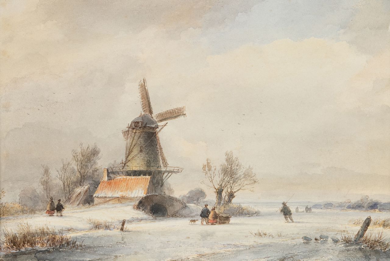 Kleijn L.J.  | Lodewijk Johannes Kleijn | Watercolours and drawings offered for sale | Snowy landscape with skater and sledge on a frozen river, watercolour on paper 17.6 x 26.4 cm, signed on the reverse