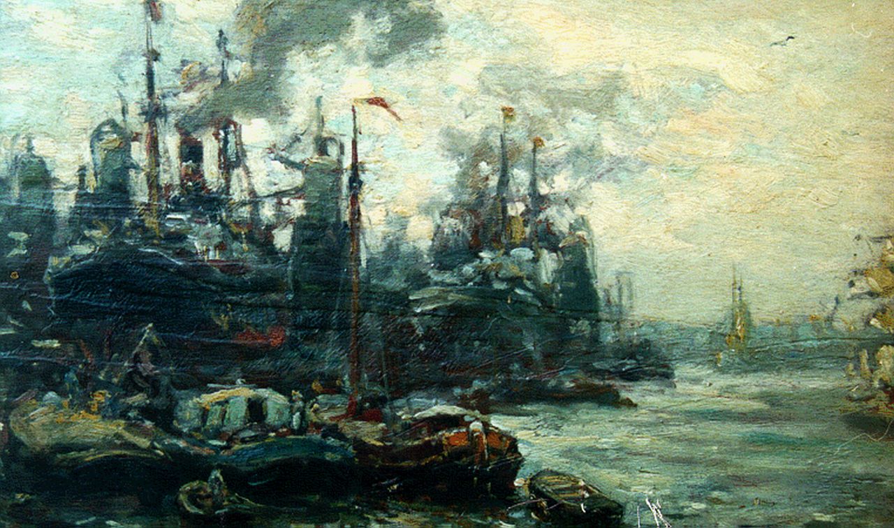 Moll E.  | Evert Moll, The harbour of Rotterdam, oil on panel 25.0 x 38.0 cm, signed l.r.