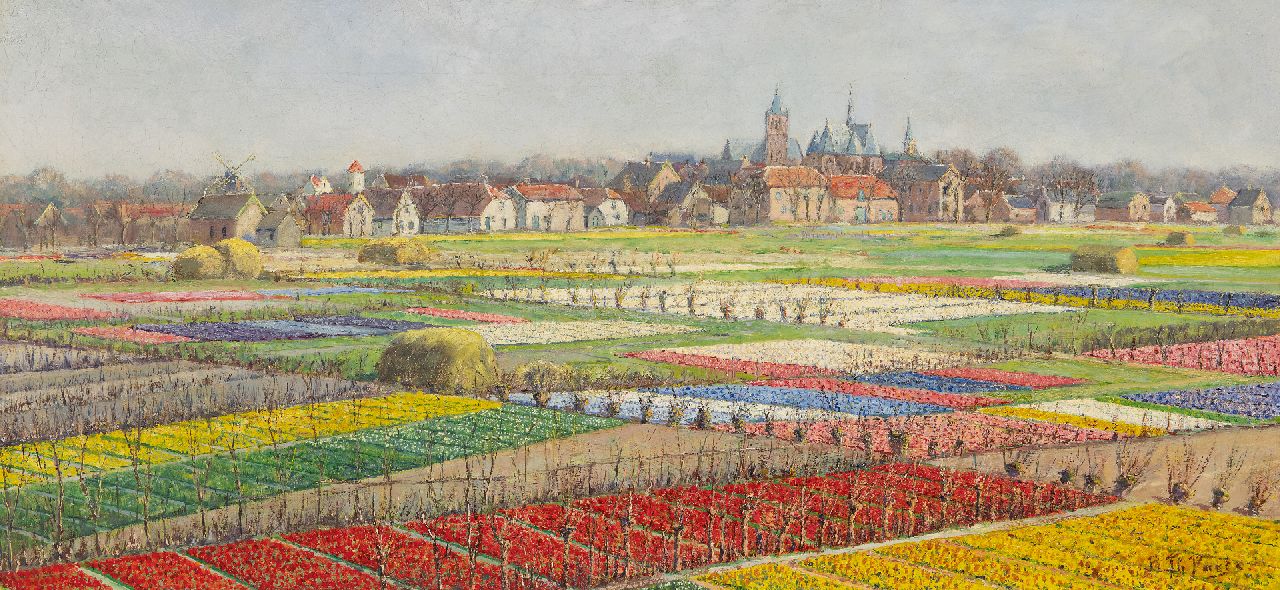 Burchard Theodoor Paets | Bulb fields near Noordwijk-Binnen, oil on canvas, 35.2 x 74.0 cm, signed l.r.