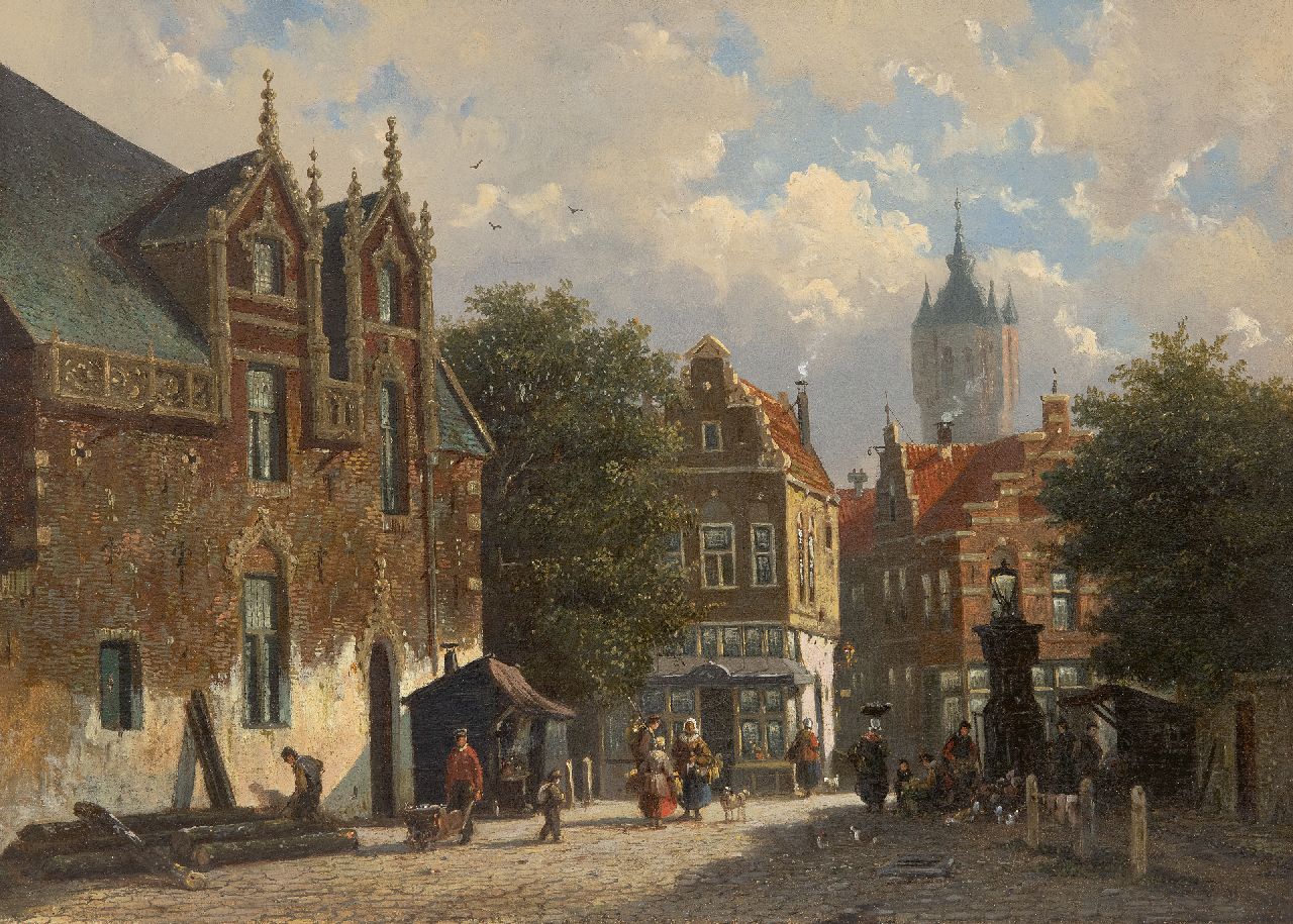 Roosdorp F.  | Frederik Roosdorp | Paintings offered for sale | Sunny cityscape with the Old Church of Delft, oil on canvas 29.2 x 40.0 cm, signed with initials on the reverse