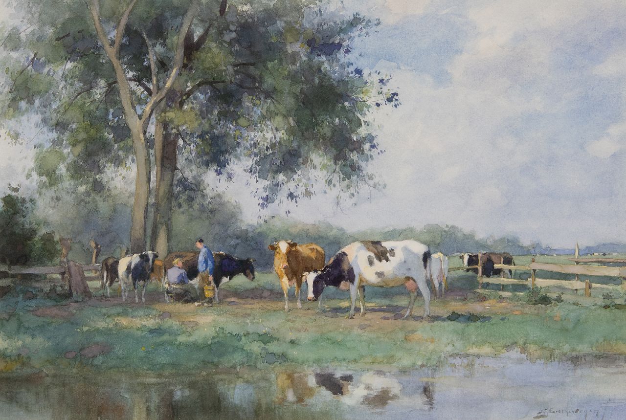 Groenewegen A.J.  | Adrianus Johannes Groenewegen | Watercolours and drawings offered for sale | Milking time, watercolour on paper 34.1 x 51.2 cm, signed l.r.