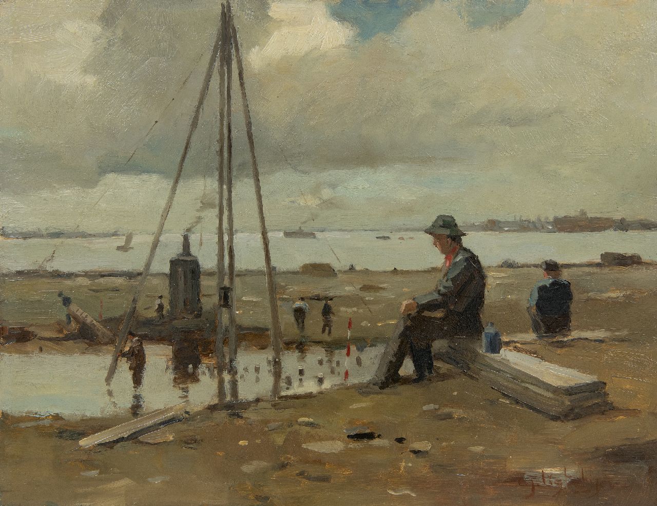Ligtelijn E.J.  | Evert Jan Ligtelijn | Paintings offered for sale | Lunch time at the construction site, oil on panel 35.4 x 45.8 cm, signed l.r.
