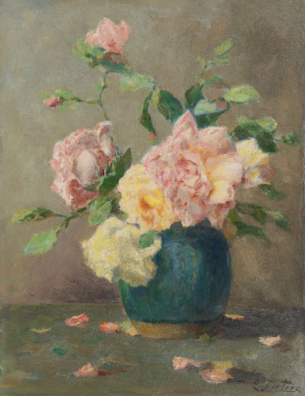 Pieters E.  | Evert Pieters | Paintings offered for sale | Green pot with roses, oil on panel 40.9 x 31.7 cm, signed l.r.