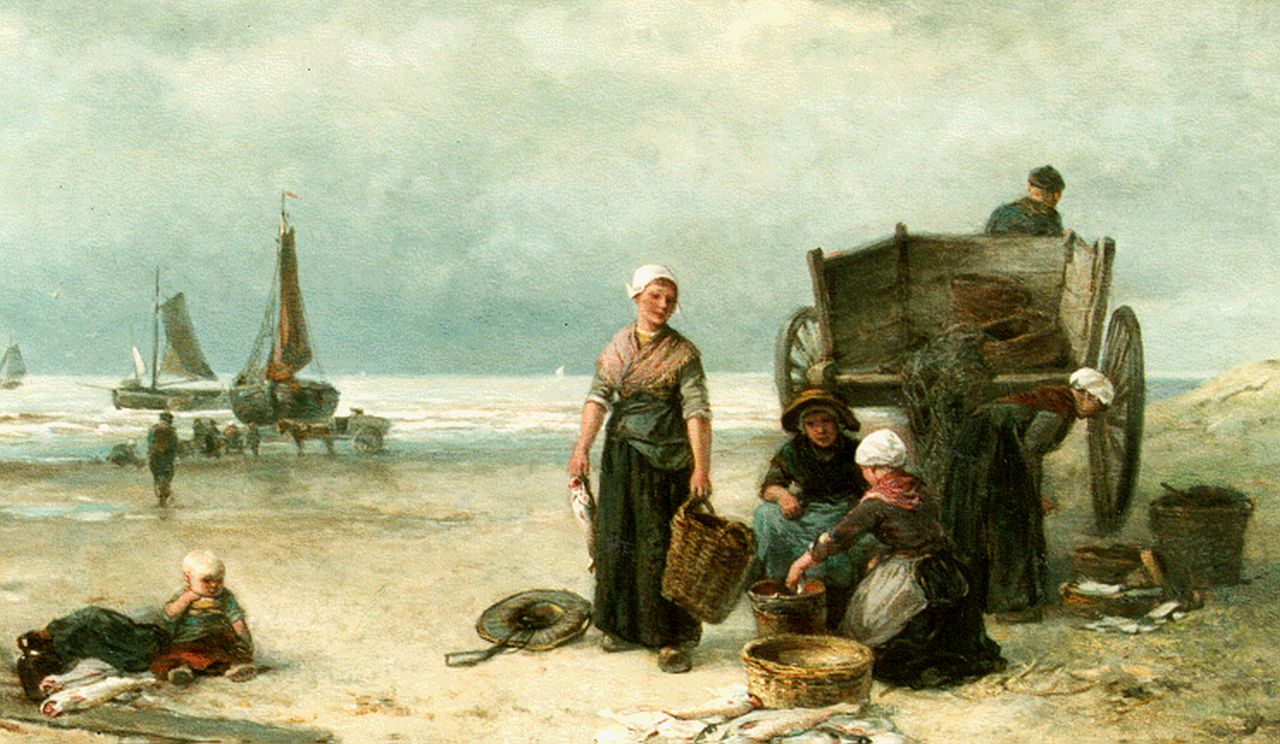 Kate J.M.H. ten | Johan 'Mari' Henri ten Kate, Fisherfolk at the beach sorting the catch, oil on canvas 44.3 x 64.0 cm, signed l.r.