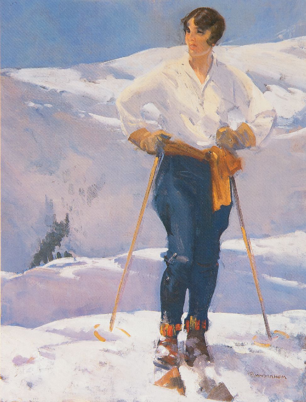 Hem P. van der | Pieter 'Piet' van der Hem, Young woman on skis, oil on canvas 64.5 x 50.0 cm, signed l.r. and to be dated 1920s