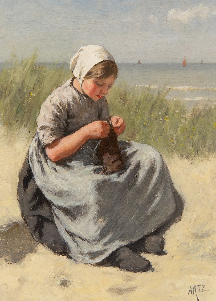 David Artz | Girl knitting in the dunes of Katwijk (only together with pendant), oil on panel, 22.5 x 16.3 cm, signed l.r.