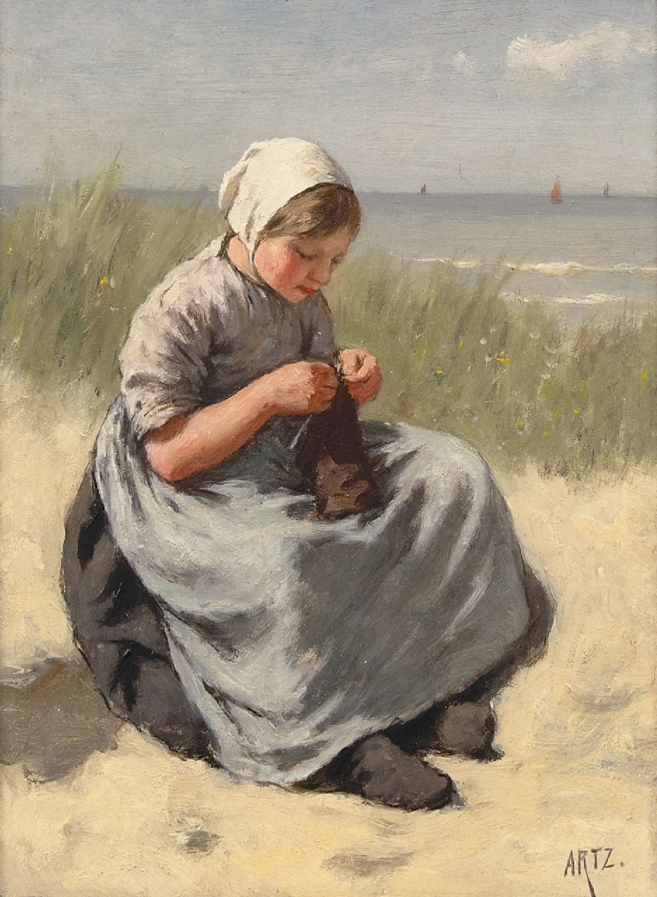 Artz D.A.C.  | David Adolphe Constant Artz | Paintings offered for sale | Girl knitting in the dunes of Katwijk (only together with pendant), oil on panel 22.5 x 16.3 cm, signed l.r.