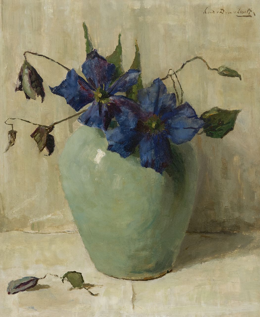 Dam van Isselt L. van | Lucie van Dam van Isselt, Purple clematis in a celadon green vase, oil on panel 47.1 x 38.4 cm, signed u.r.