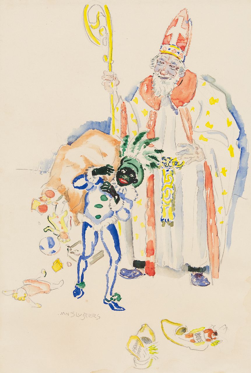 Sluijters J.C.B.  | Johannes Carolus Bernardus 'Jan' Sluijters | Watercolours and drawings offered for sale | St. Nicholas Eve, 1946 with chewing tobacco and Bols in the shoes, watercolour on paper 47.5 x 32.2 cm, signed l.l. and executed 1946