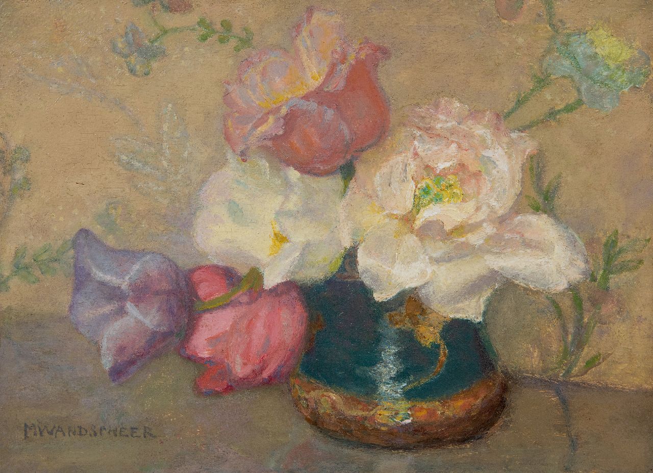Wandscheer M.W.  | Maria Wilhelmina 'Marie' Wandscheer | Paintings offered for sale | Green pot with roses, oil on panel 23.4 x 31.8 cm, signed l.l.