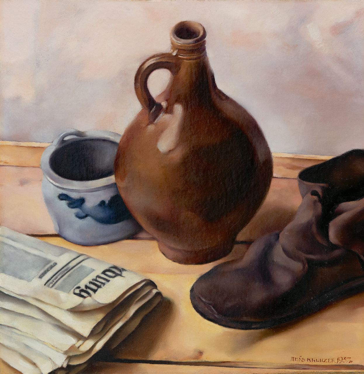 Kreuzer A.J.  | Aloys Johann Kreuzer | Paintings offered for sale | Stilllife with jug, newspaper and a shoe, oil on canvas laid down on board 49.6 x 45.8 cm, signed l.r. and dated 1937