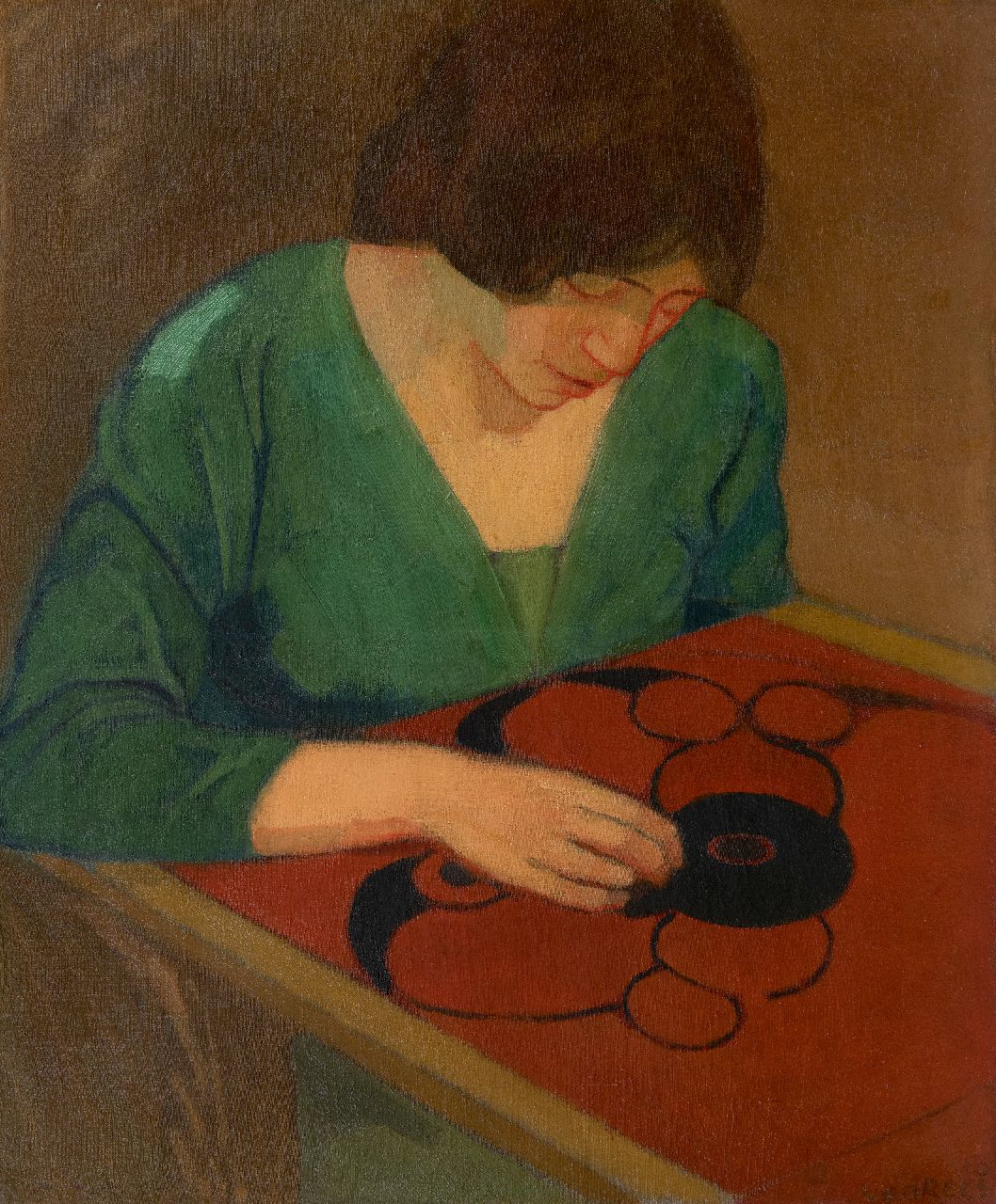 Rees O. van | Otto van Rees | Paintings offered for sale | Adya working on red embroidery, oil on canvas 65.2 x 54.0 cm, signed l.r. and dated 1910