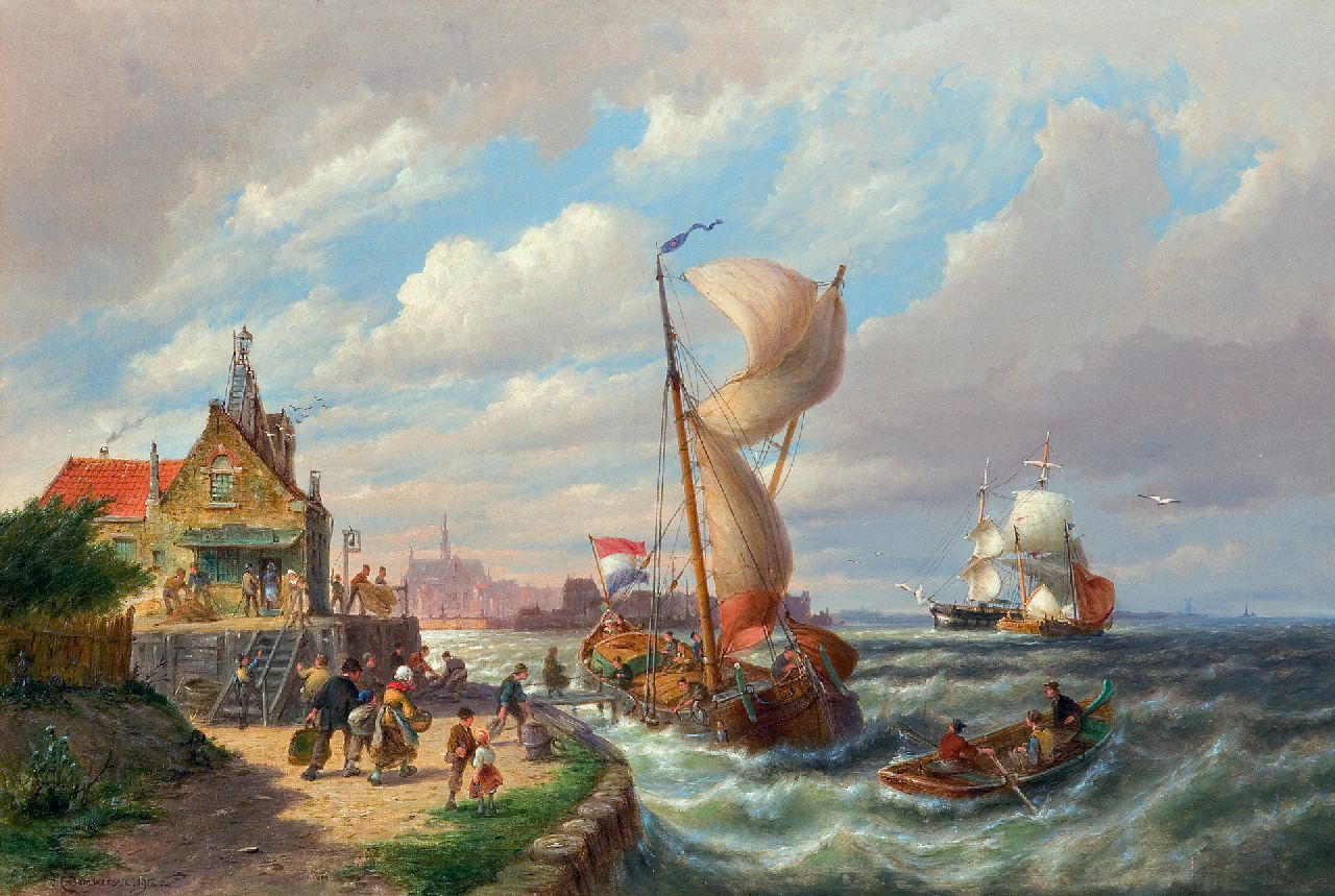 Dommershuijzen P.C.  | Pieter Cornelis Dommershuijzen | Paintings offered for sale | The departure of the ferry, oil on canvas 50.7 x 76.2 cm, signed l.l. and dated 1912