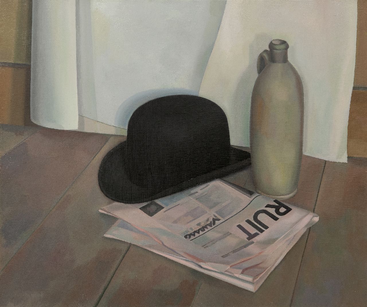 Berg J.M. van den | Josna Michiel 'Jos' van den Berg | Paintings offered for sale | Still life with bowler hat, jug and the dayly paper Vooruit, oil on canvas 60.3 x 70.5 cm, signed on the stretcher