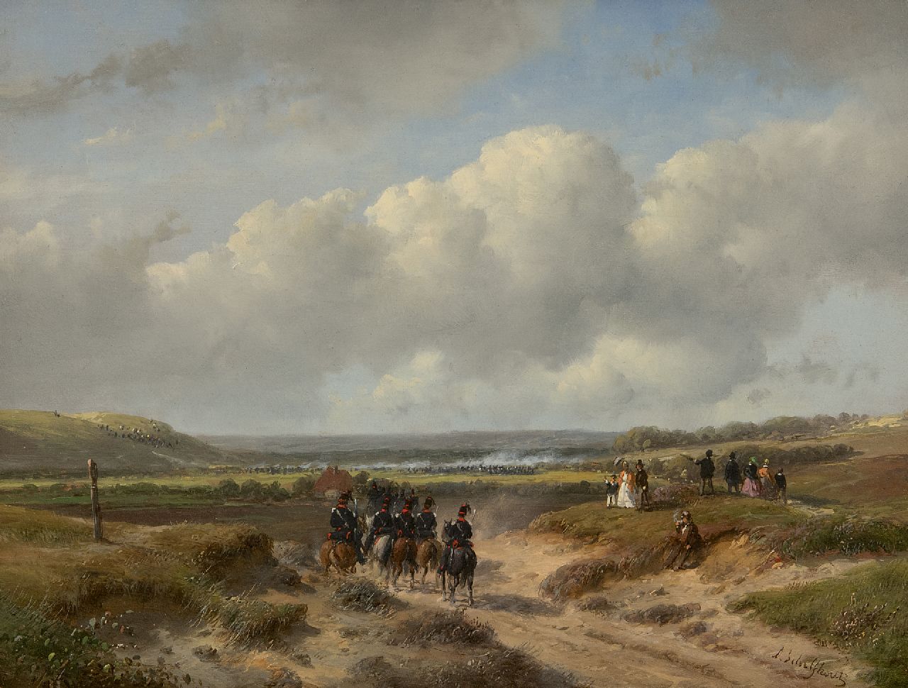 Schelfhout A.  | Andreas Schelfhout | Paintings offered for sale | The Hague garrison at the Waalsdorpervlakte, oil on panel 22.1 x 29.2 cm, signed l.r. and painted ca. 1862