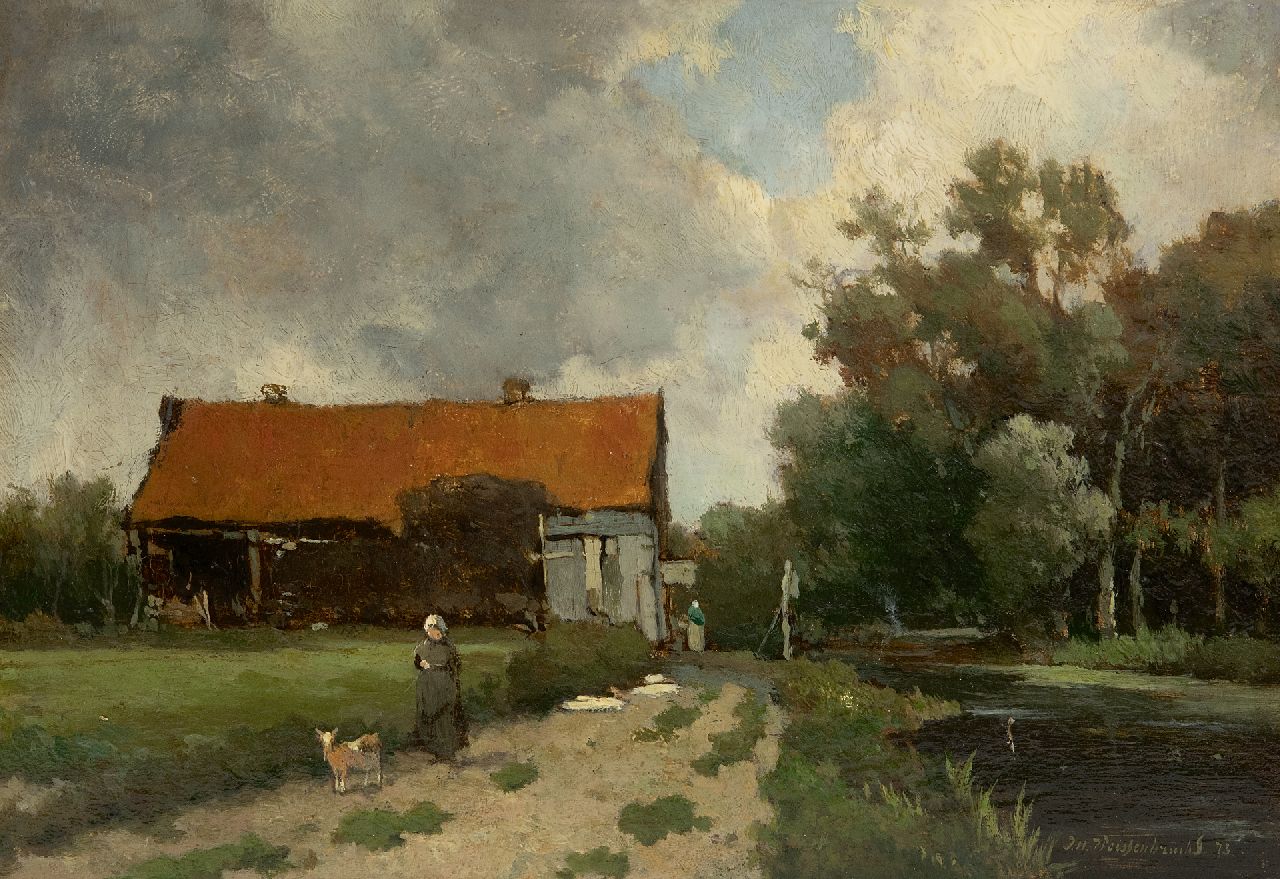Weissenbruch H.J.  | Hendrik Johannes 'J.H.' Weissenbruch | Paintings offered for sale | Farm along the waterway, oil on panel 16.0 x 22.5 cm, signed l.r. and dated '73