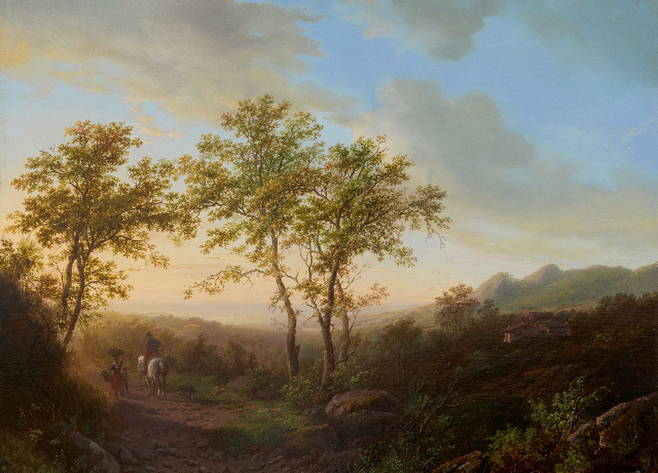 Bodeman W.  | Willem Bodeman | Paintings offered for sale | Hilly landscape at evening twilight, oil on panel 38.6 x 52.0 cm, signed l.r. and dated 1842