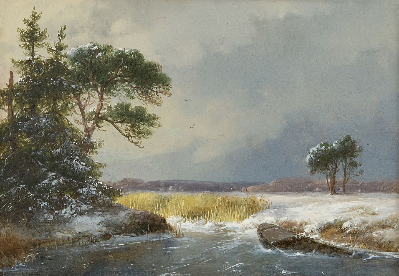 Schelfhout A.  | Andreas Schelfhout, A snowy winter landscape, oil on panel 13.7 x 19.5 cm, signed l.l. and dated 1857