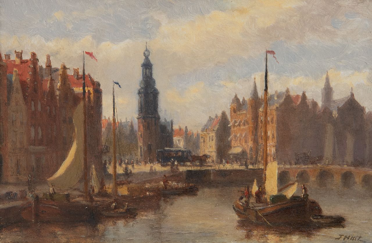 John Hulk jr. | The Rokin in Amsterdam with the Munttower and a horse tram, oil on panel, 14.1 x 21.5 cm, signed l.r.