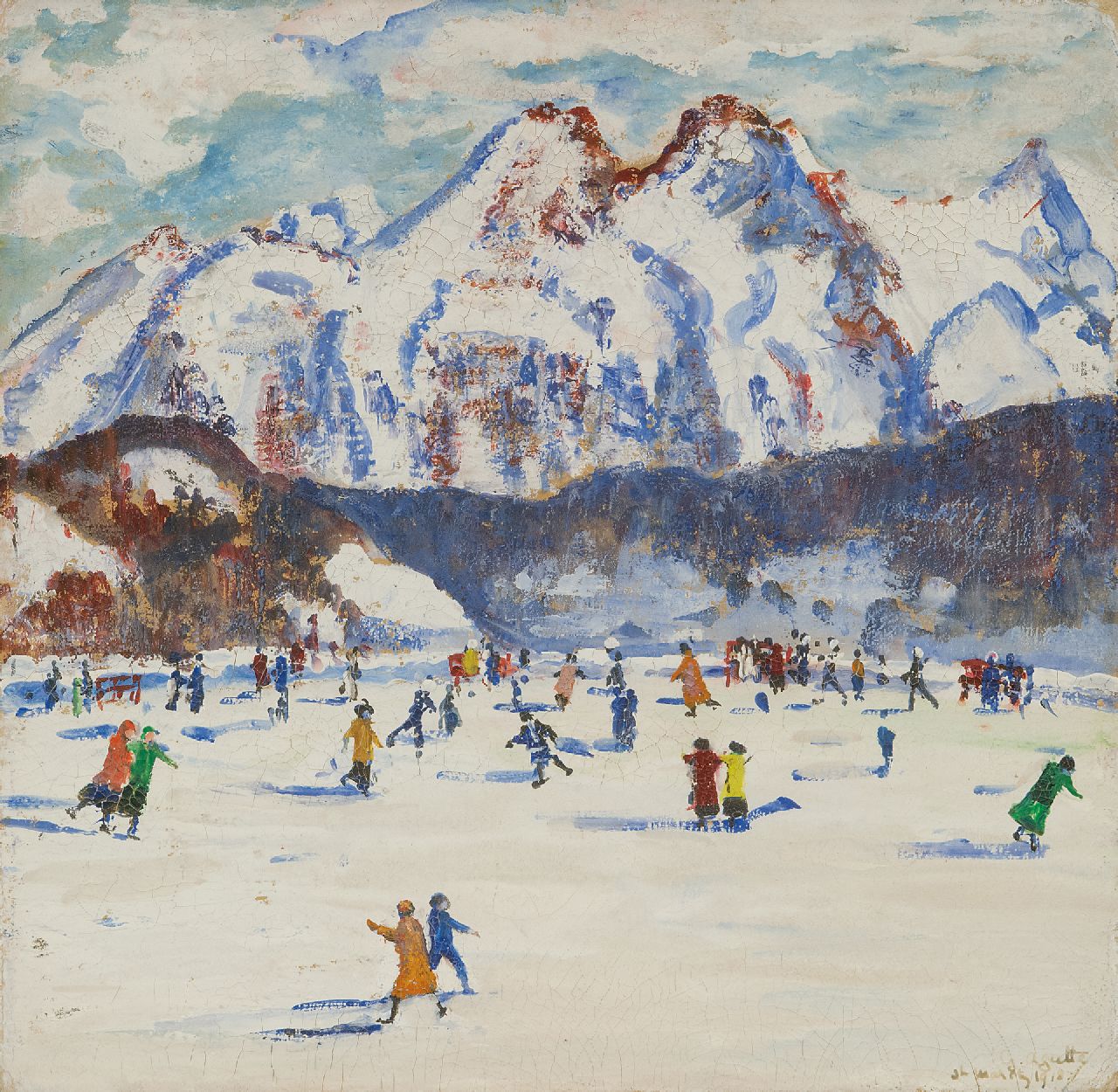 Agutte G.  | Georgette Agutte, Skating at St. Moritz, gouache on board 23.5 x 24.3 cm, signed l.r. and dated 'St. Moritz 1918'