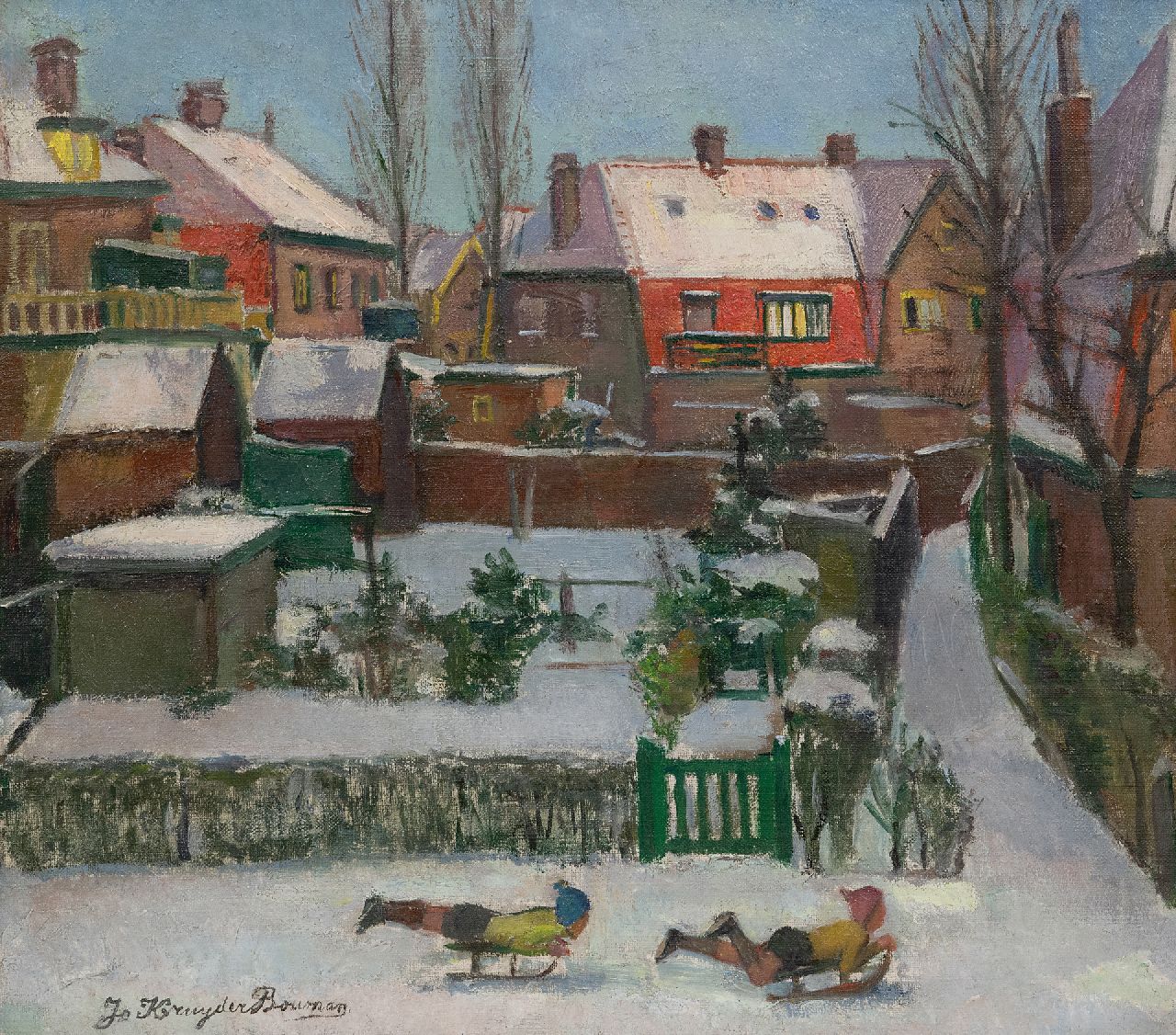 Kruyder-Bouman J.L.  | Johanna Laura 'Jo' Kruyder-Bouman, Sledding through town, oil on canvas 40.3 x 45.0 cm, signed l.l. and dated 1942