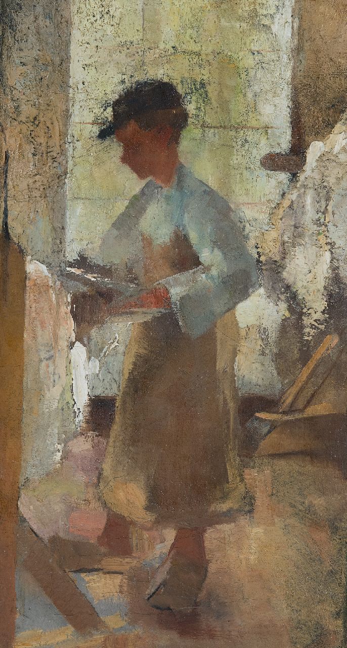 Rappard A.G.A. van | 'Anthon' Gerhard Alexander van Rappard, A  young workman at a stretching frame, oil on canvas 45.1 x 25.4 cm