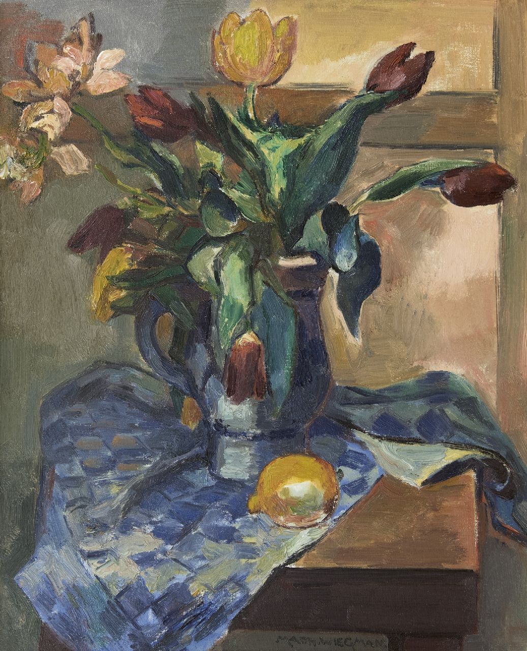 Wiegman M.J.M.  | Mattheus Johannes Marie 'Matthieu' Wiegman, A still life with tulips and a lemon, oil on canvas 61.4 x 50.1 cm, signed l.c.