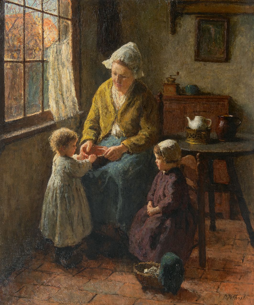 Pothast B.J.C.  | 'Bernard' Jean Corneille Pothast | Paintings offered for sale | Mother and her children in a Laren interior, oil on canvas 59.9 x 49.8 cm, signed l.r.