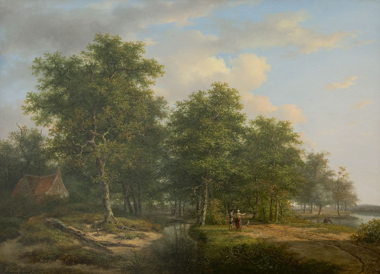 Schelfhout A.  | Andreas Schelfhout | Paintings offered for sale | Forest landscape with figures by a river (Pendant of winter landscape), oil on panel 52.8 x 72.5 cm, signed l.l. and painted circa 1815