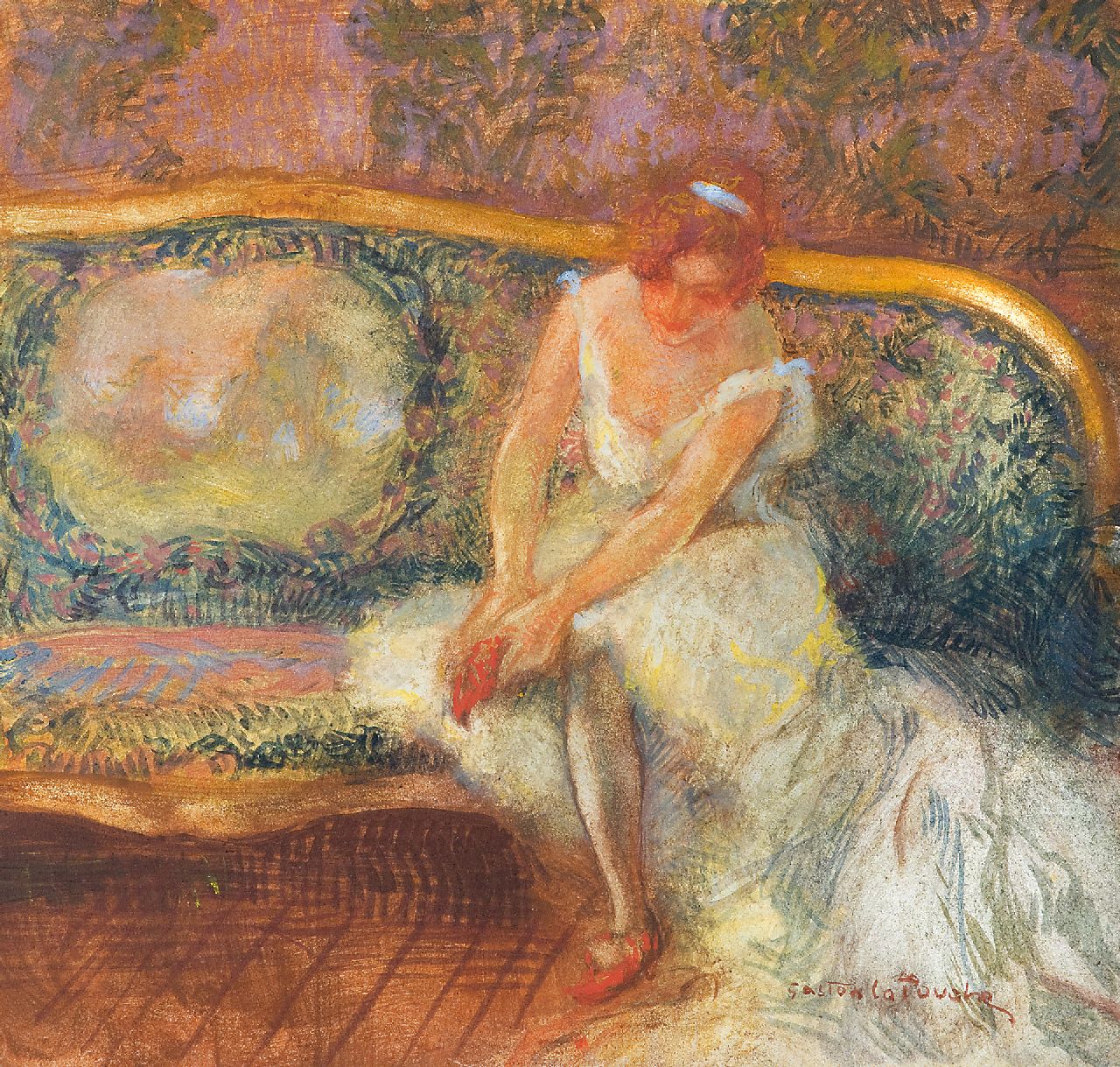 Gaston La Touche | Seated ballerina, crayon and gouache on board, 23.1 x 24.3 cm, signed l.r.