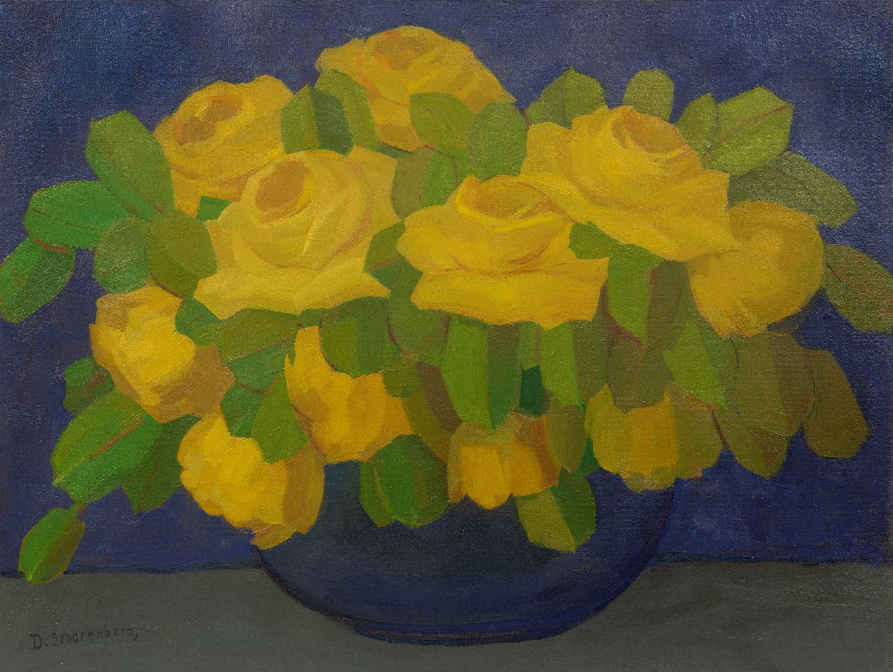 Smorenberg D.  | Dirk Smorenberg, Yellow roses in a blue vase, oil on board 55.0 x 72.7 cm, signed l.l.