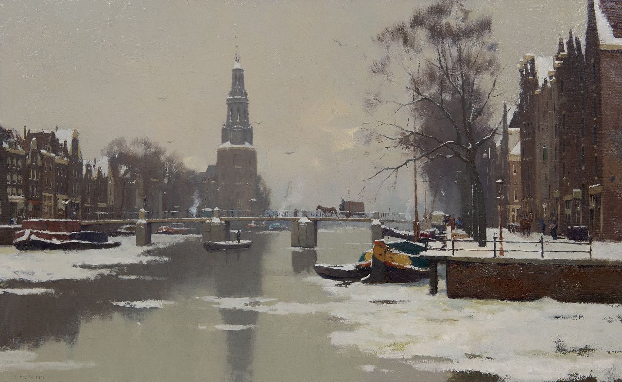 Ligtelijn E.J.  | Evert Jan Ligtelijn | Paintings offered for sale | Winter view of the Montelbaanstoren in Amsterdam, oil on canvas 56.8 x 90.6 cm, signed l.l.