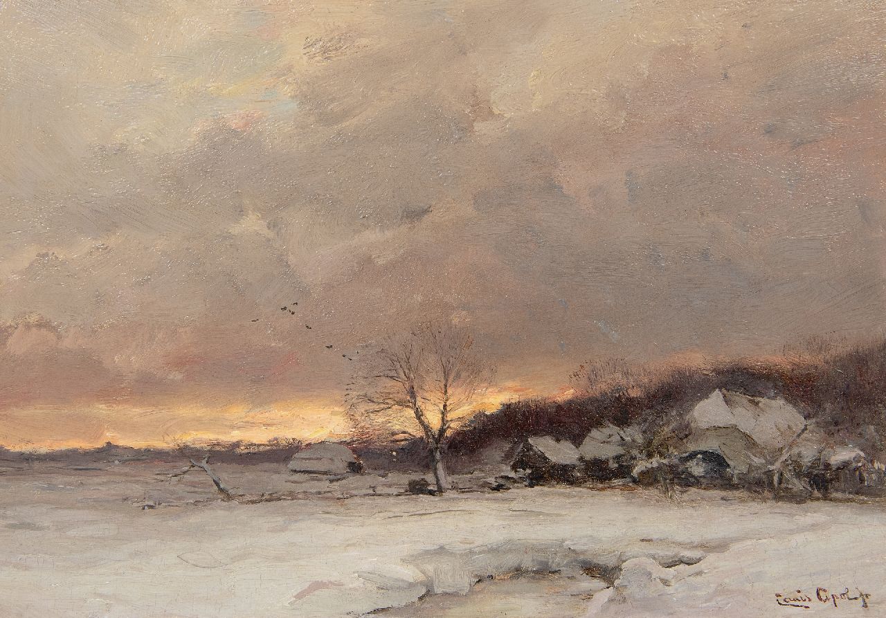 Apol L.F.H.  | Lodewijk Franciscus Hendrik 'Louis' Apol, Winter landscape at sunset, oil on panel 25.6 x 37.1 cm, signed l.r.