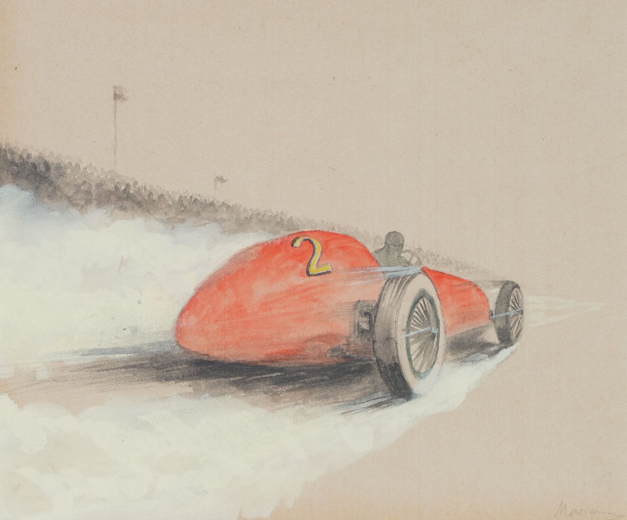 Onbekend   | Onbekend | Watercolours and drawings offered for sale | Race car nr. 2 (set van 5), pencil, watercolour and gouache on paper 19.4 x 25.0 cm, signed l.r.