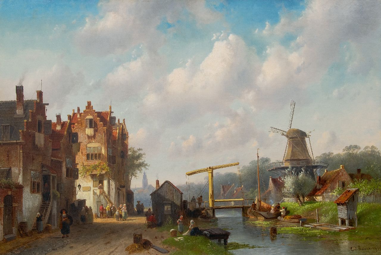 Leickert C.H.J.  | 'Charles' Henri Joseph Leickert | Paintings offered for sale | Dutch village with drawbridge, oil on canvas 77.9 x 114.4 cm, signed l.r. and dated '76