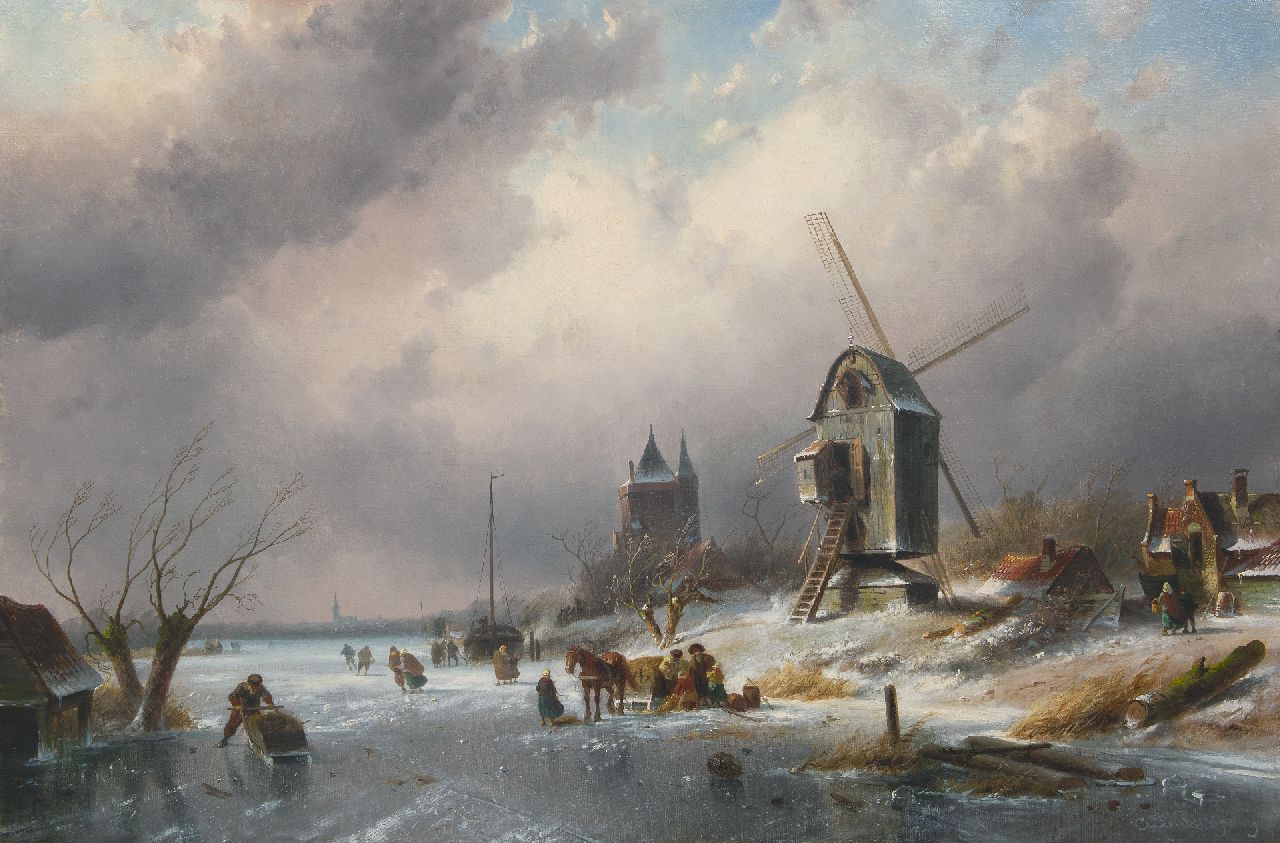 Leickert C.H.J.  | 'Charles' Henri Joseph Leickert, Winterlandscape with skaters and windmill, oil on canvas 77.8 x 115.1 cm, signed l.r.