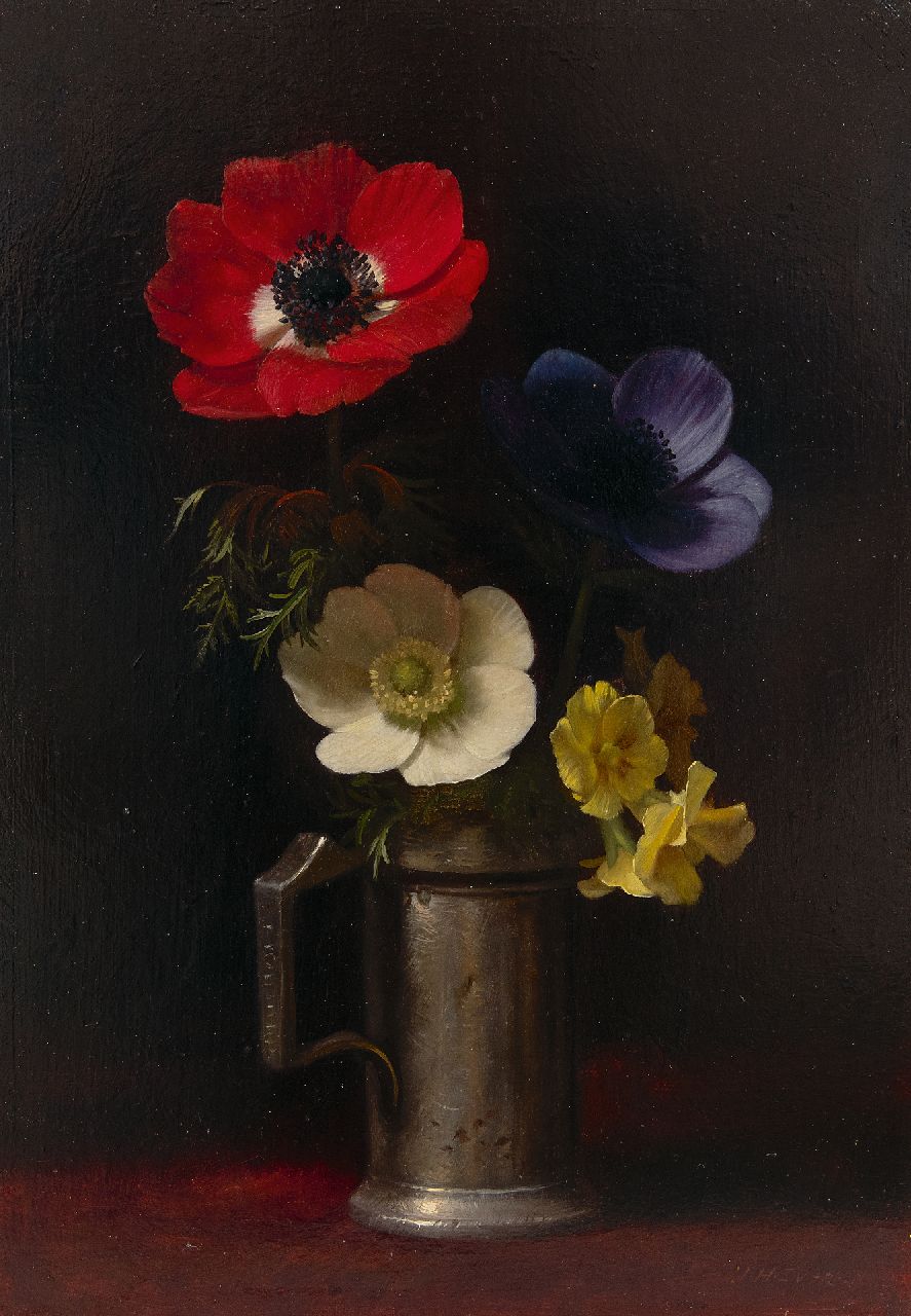 Eversen J.H.  | Johannes Hendrik 'Jan' Eversen | Paintings offered for sale | Still life with anemones and primula in a pewter jug, oil on panel 33.0 x 23.1 cm, signed l.r.