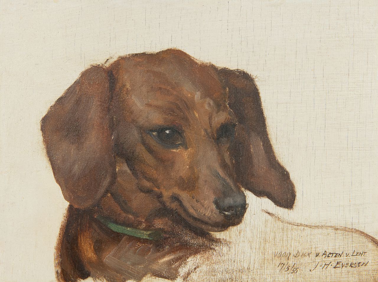 Eversen J.H.  | Johannes Hendrik 'Jan' Eversen | Paintings offered for sale | Portrait of a Dachshund, oil on panel 17.9 x 23.9 cm, signed l.r. and dated 17/5/55