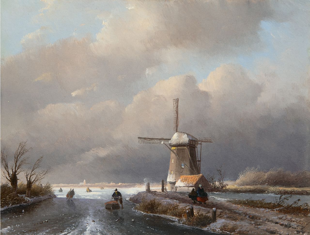 Spohler J.J.  | Jan Jacob Spohler | Paintings offered for sale | Ice scene with skaters near a windmill on a cloudy day, oil on panel 24.1 x 31.7 cm, signed l.r.