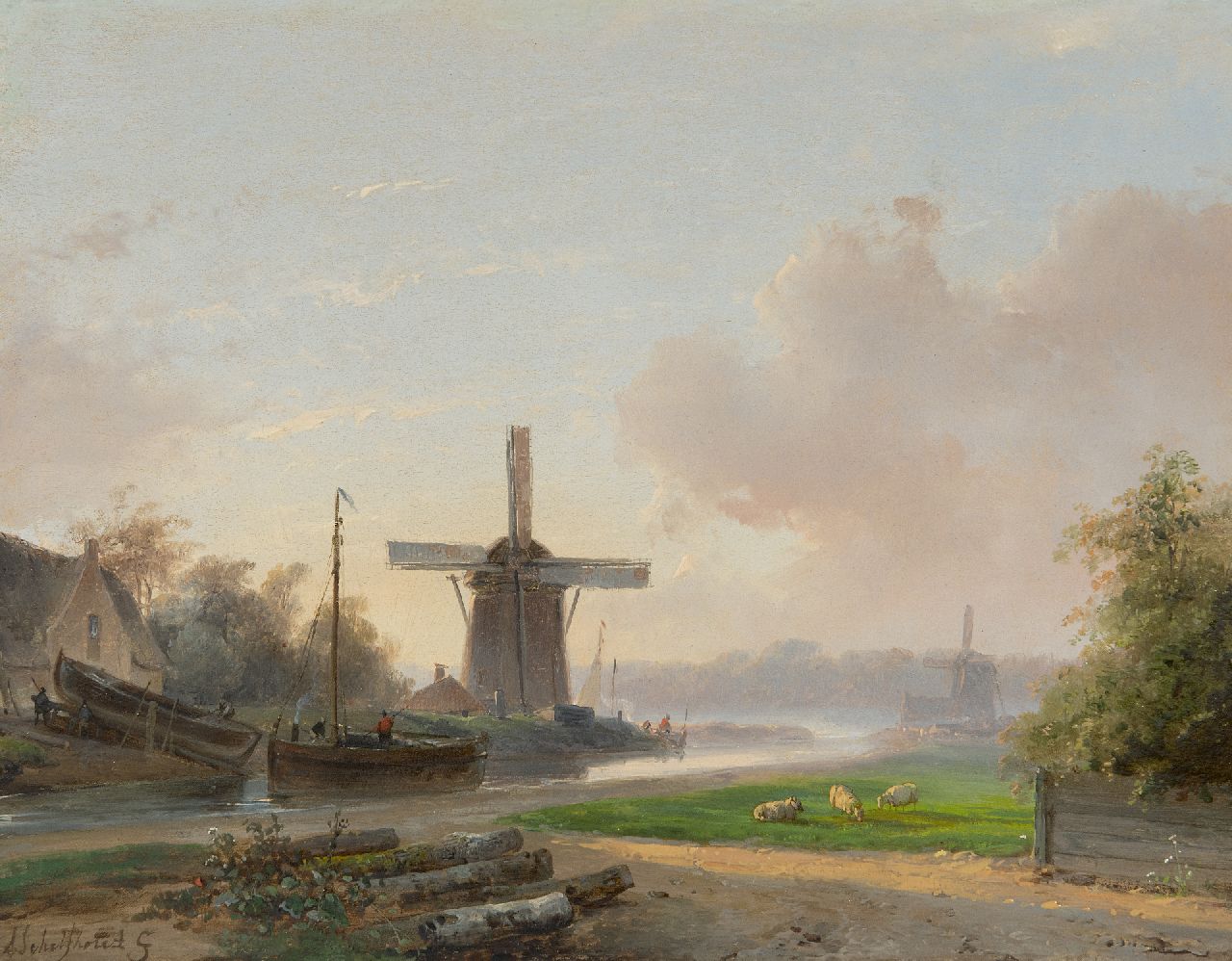 Schelfhout A.  | Andreas Schelfhout | Paintings offered for sale | Eearly morning at the shipyard (only together with winter pendant), oil on panel 25.4 x 32.8 cm, signed l.l.