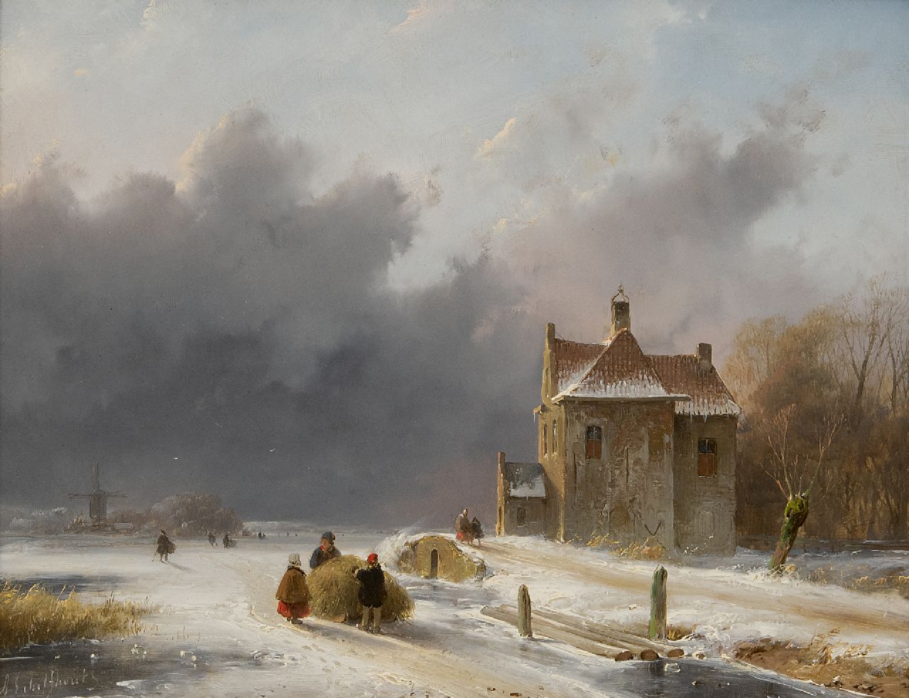 Schelfhout A.  | Andreas Schelfhout | Paintings offered for sale | Winter landscape with approaching blizzard (only together with summer pendant), oil on panel 25.8 x 32.5 cm, signed l.l.