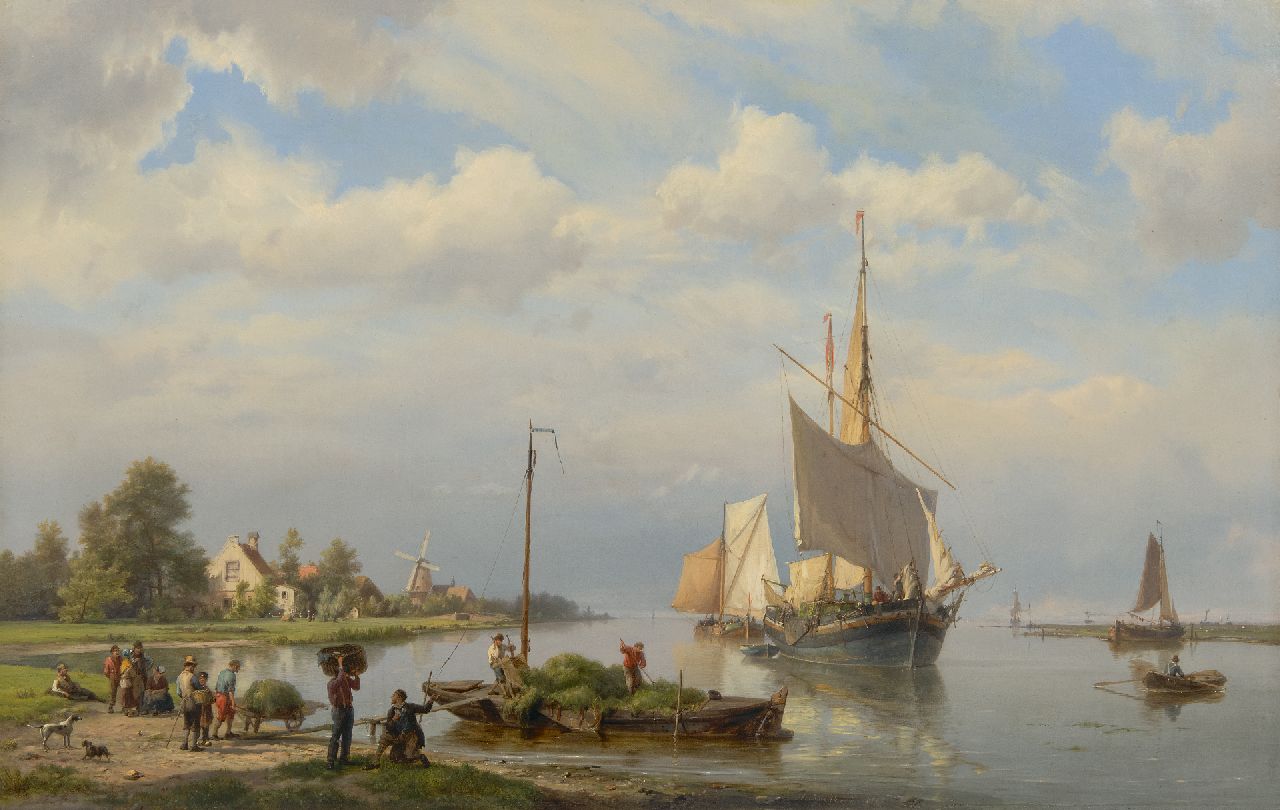 Koekkoek H.  | Hermanus Koekkoek, Sunny estuary with moored vessels and figures loading hay, oil on canvas 49.0 x 76.8 cm, signed l.c. and dated 1865
